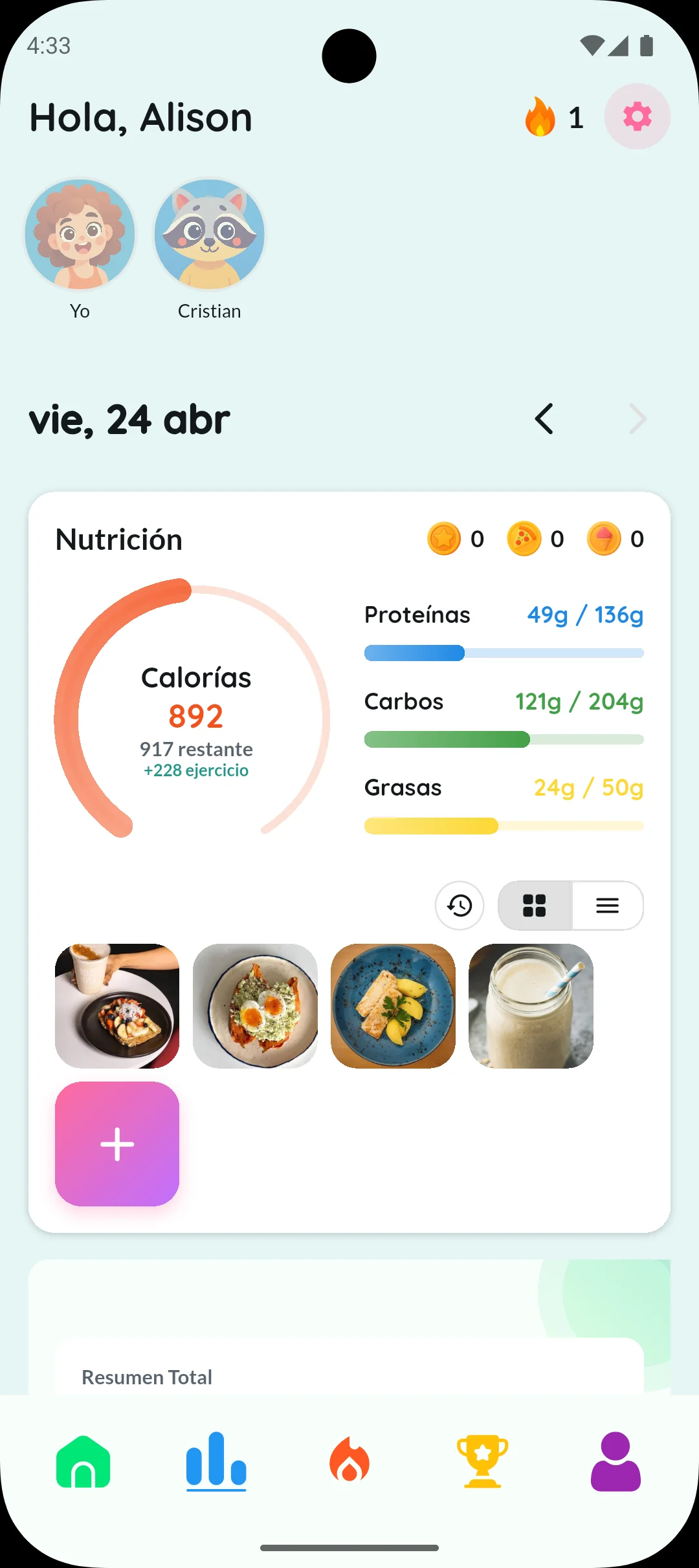 Mockup vertical de iPhone mostrando la pantalla principal de Healthy Fork: tarjeta del día con macros (proteína, carbos, grasas), botón grande de cámara para registrar comida y resumen del progreso semanal.