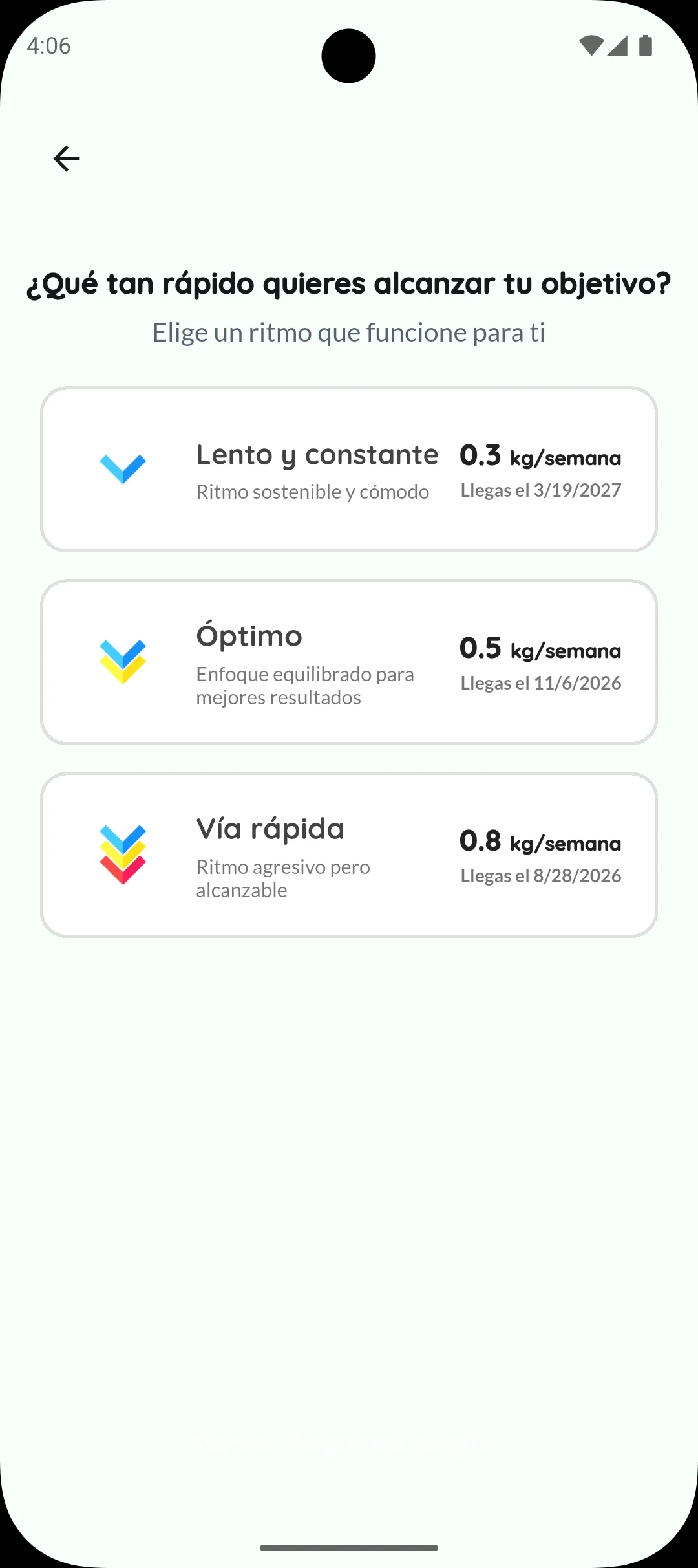 Onboarding de Healthy Fork: un par de preguntas breves para calibrar tu plan.