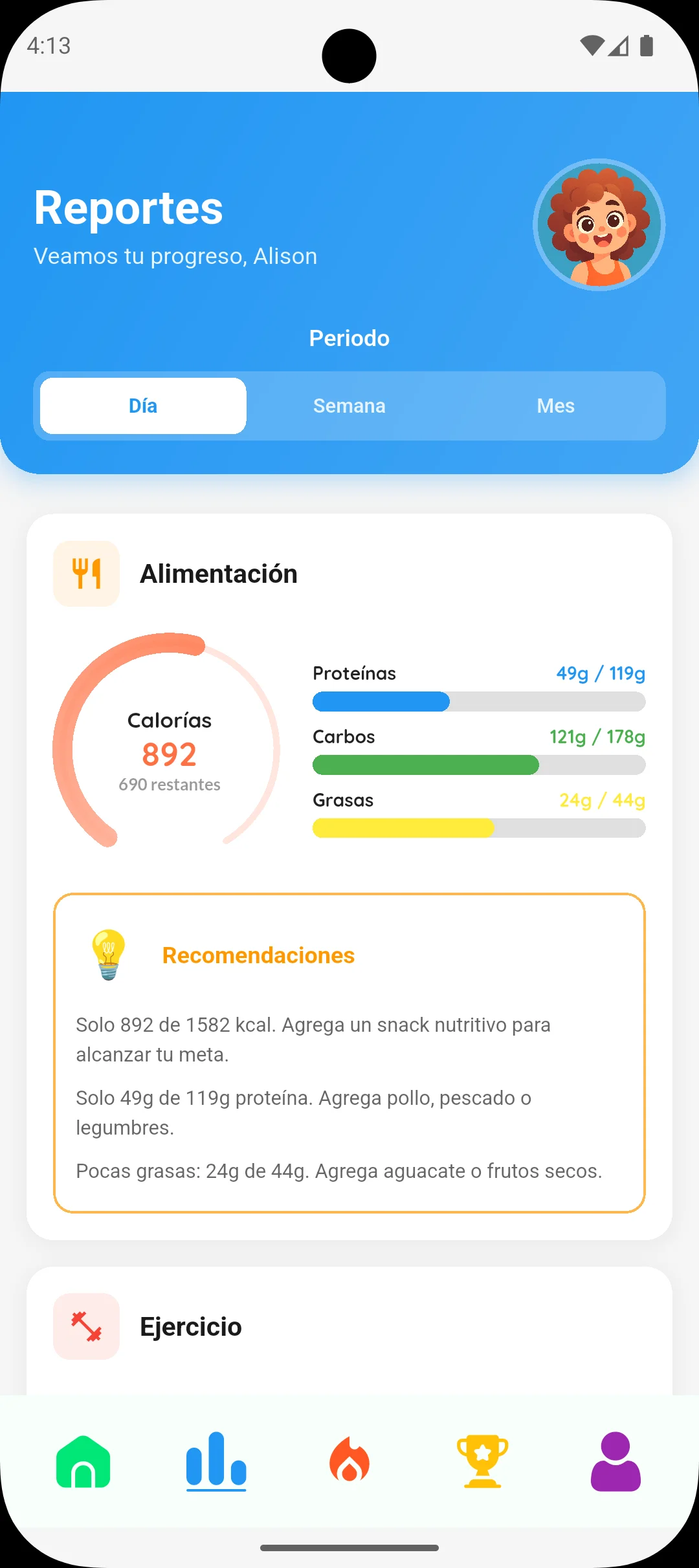 Reporte semanal de Healthy Fork: gráfica de avance, promedios del periodo y una recomendación destacada.