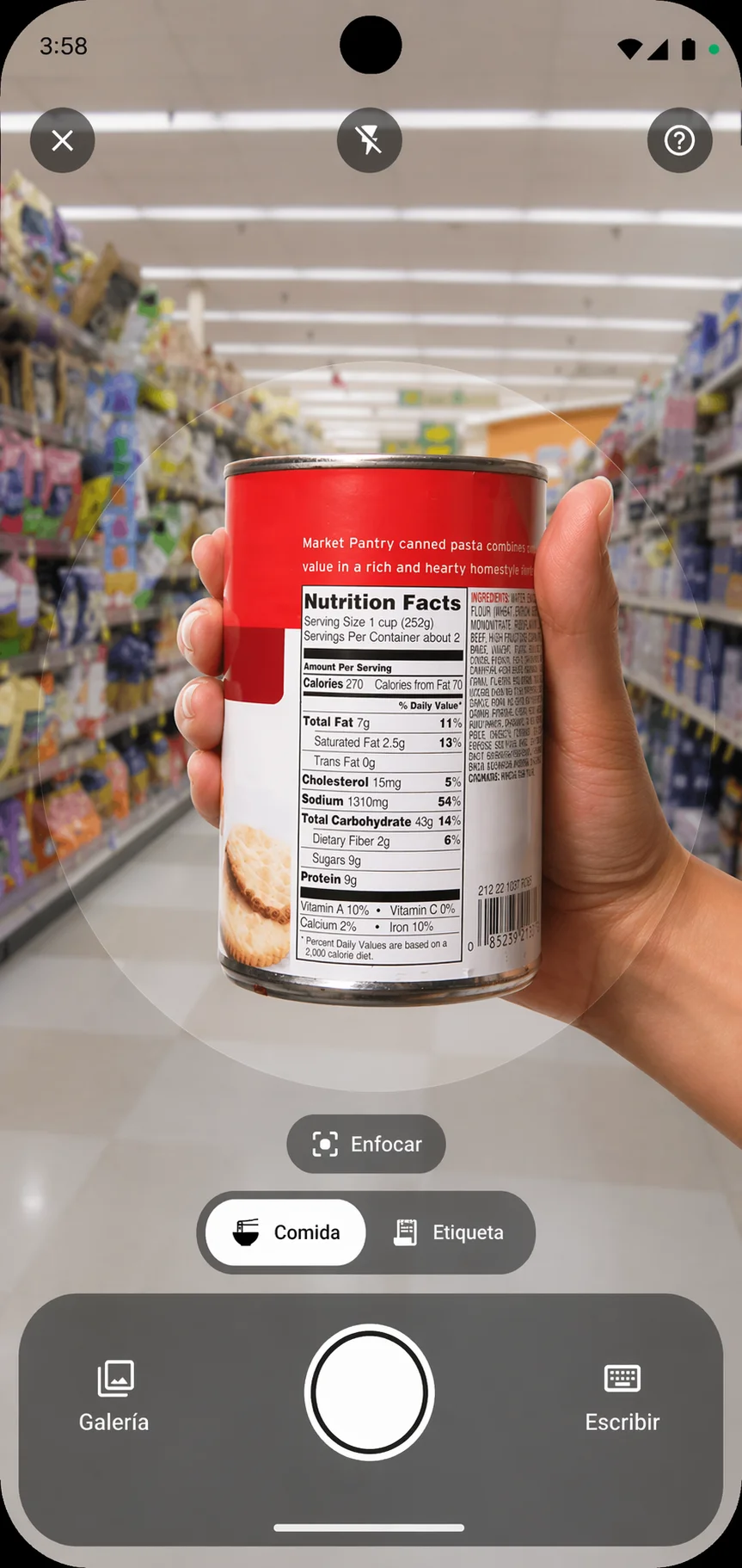 Pantalla de registro de Healthy Fork: botón de cámara, opción manual y el plato reconocido por la IA con sus macros.