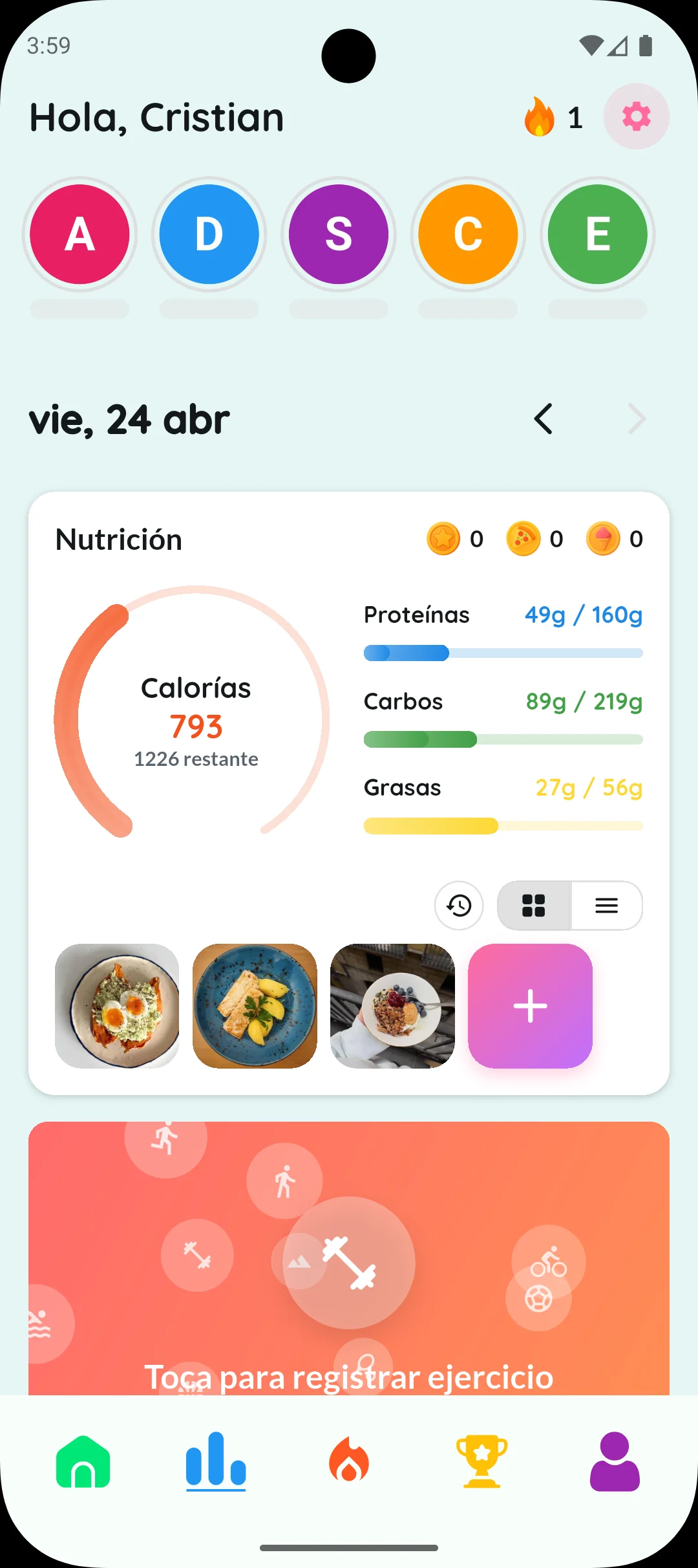 Gráfica del día en Healthy Fork: anillo de calorías y barras de proteína, carbos y grasas en tiempo real.
