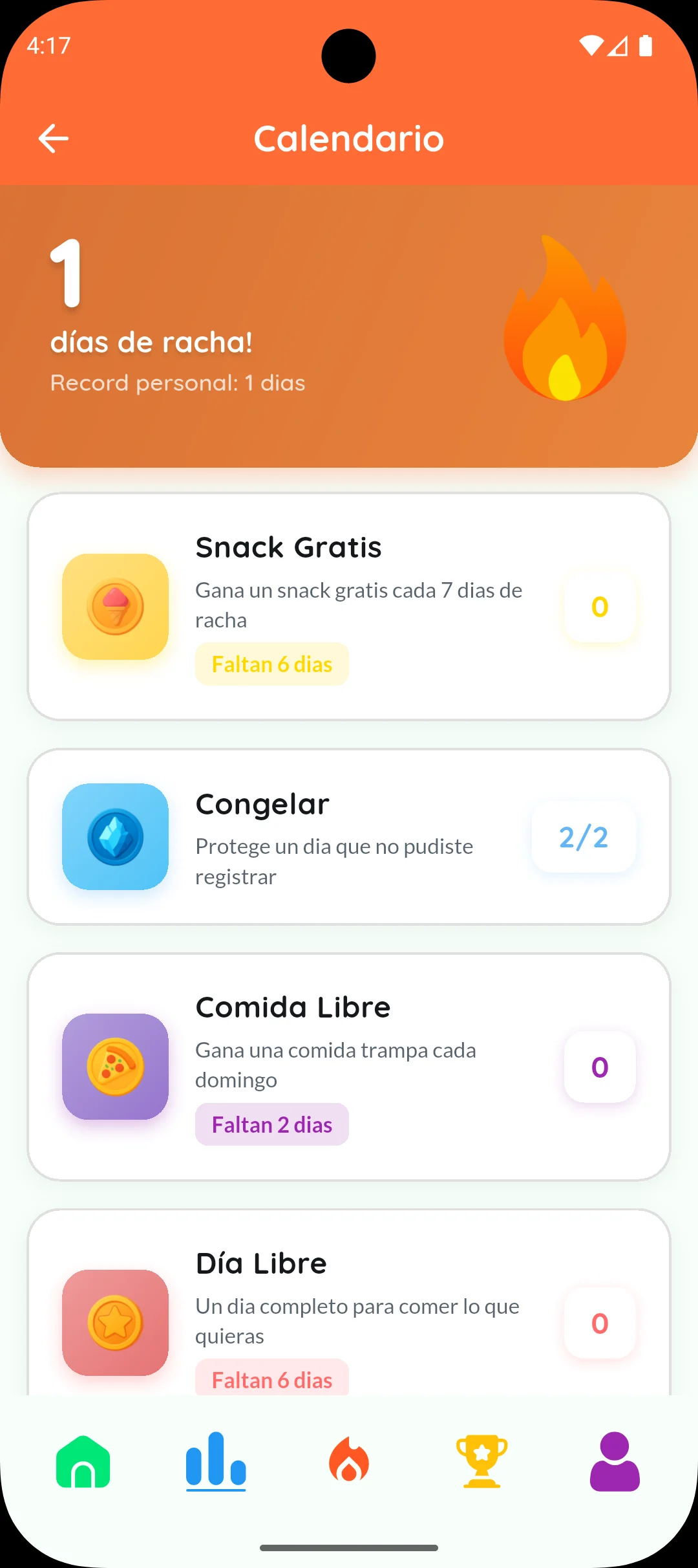 Calendario de rachas y monedas de Healthy Fork con el panel para canjearlas.